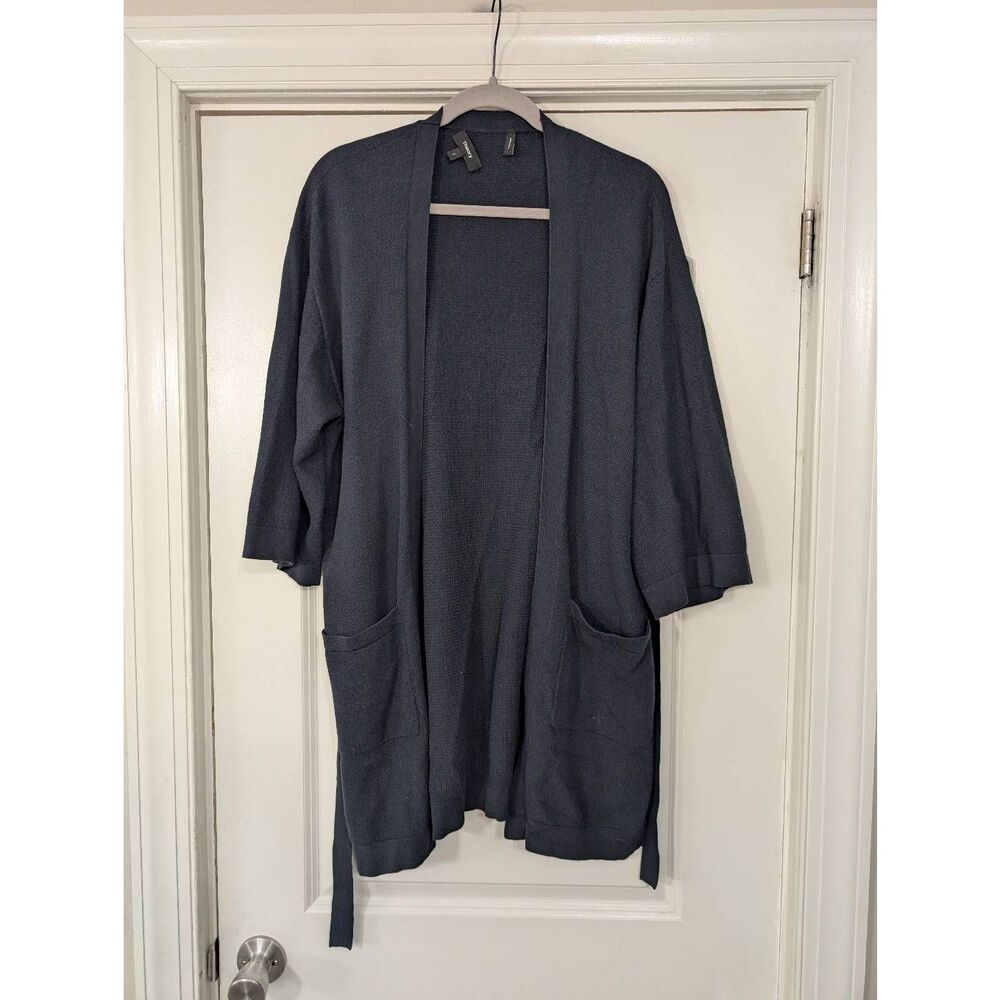 Theory Cardigan Sweater women's small navy blue belted boxy 1/2‎ sleeve cotton